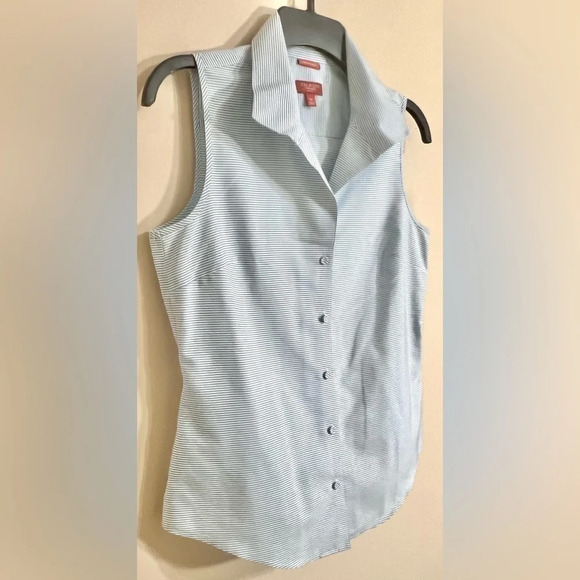TALBOTS Women’s Haberdashery Petites Sleeveless Blue Stripe Button‎ Down Size 4P - Picture 7 of 13